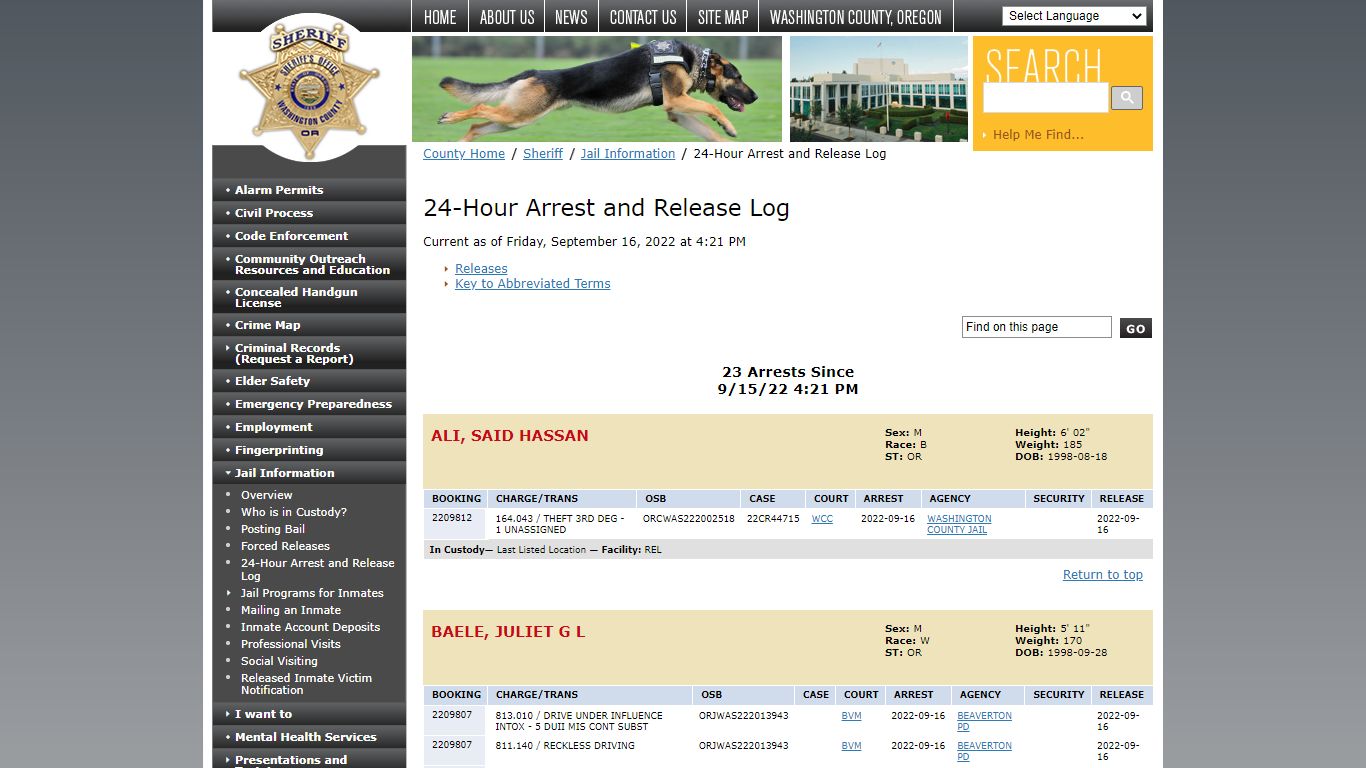 24-Hour Arrest and Release Log - Washington County, Oregon