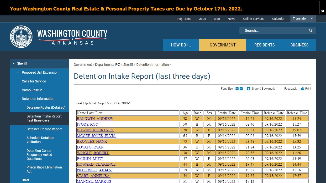 Detention Intake Report (last three days) | Washington County, AR